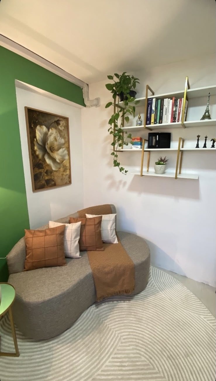 Canto da sala com sofá, almofadas, plantas e estante de livros.